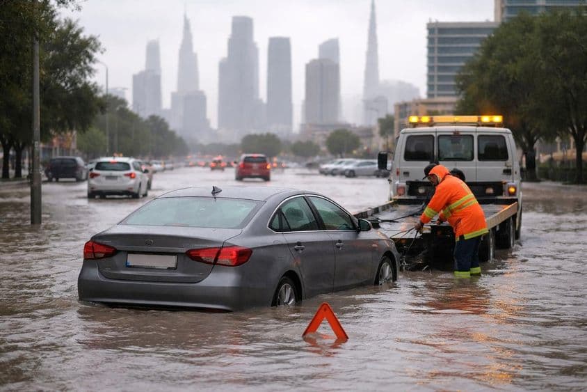 Auto auf überfluteter Straße in Dubai