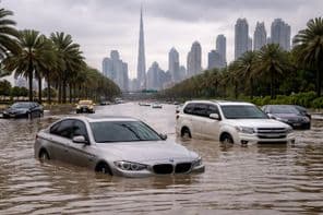 Überflutete Autos auf den Straßen von Dubai