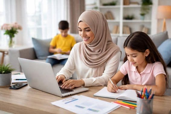 Heimarbeit mit der Familie zusammen