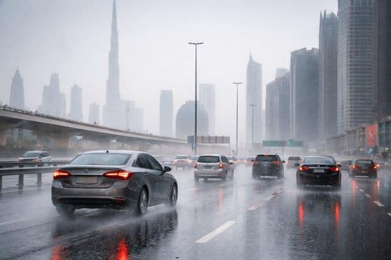 Bremsen bei Regen auf Dubais Straßen