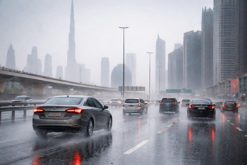 Bremsen bei Regen auf Dubais Straßen