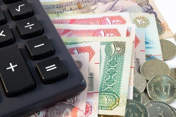 Nahaufnahme von verschiedenen Banknoten und Münzen der Vereinigten Arabischen Emirate