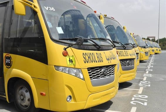 Mehrere gelbe Schulbusse, die auf einem Parkplatz in Dubai aufgereiht sind