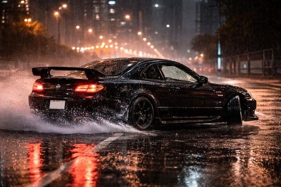 Auto, das im Regen driftet