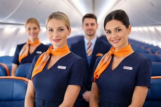 Lächelnde Flugbegleiter an Bord