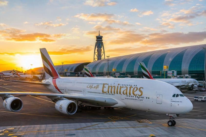 Flughafen Dubai bei Sonnenuntergang