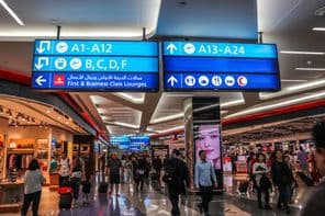 Passagiere gehen in Richtung der Abflugsteige am Dubai International Airport
