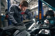 Der Arbeiter führt eine umfassende technische Inspektion des Autos durch
